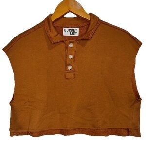 BUCKETLIST S Sleeveless Polo Raw Hem 3 Button Placket Brown Cropped Cotton Top